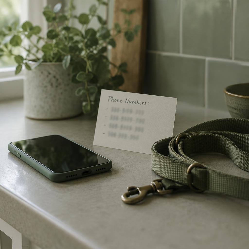 A phone and a handwritten numbers card beside a dog's lead