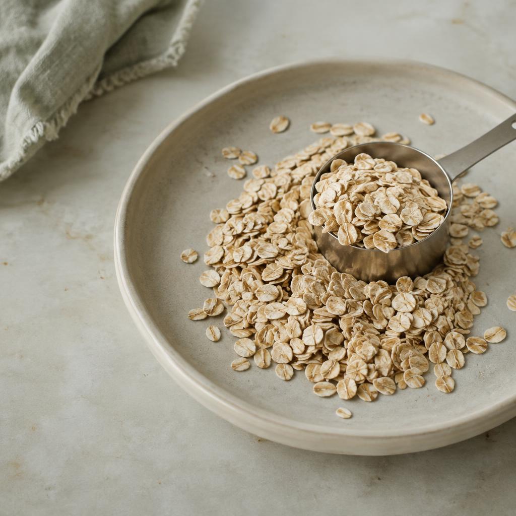 A wooden scoop of plain rolled oats beside a small heap of oats on a worktop