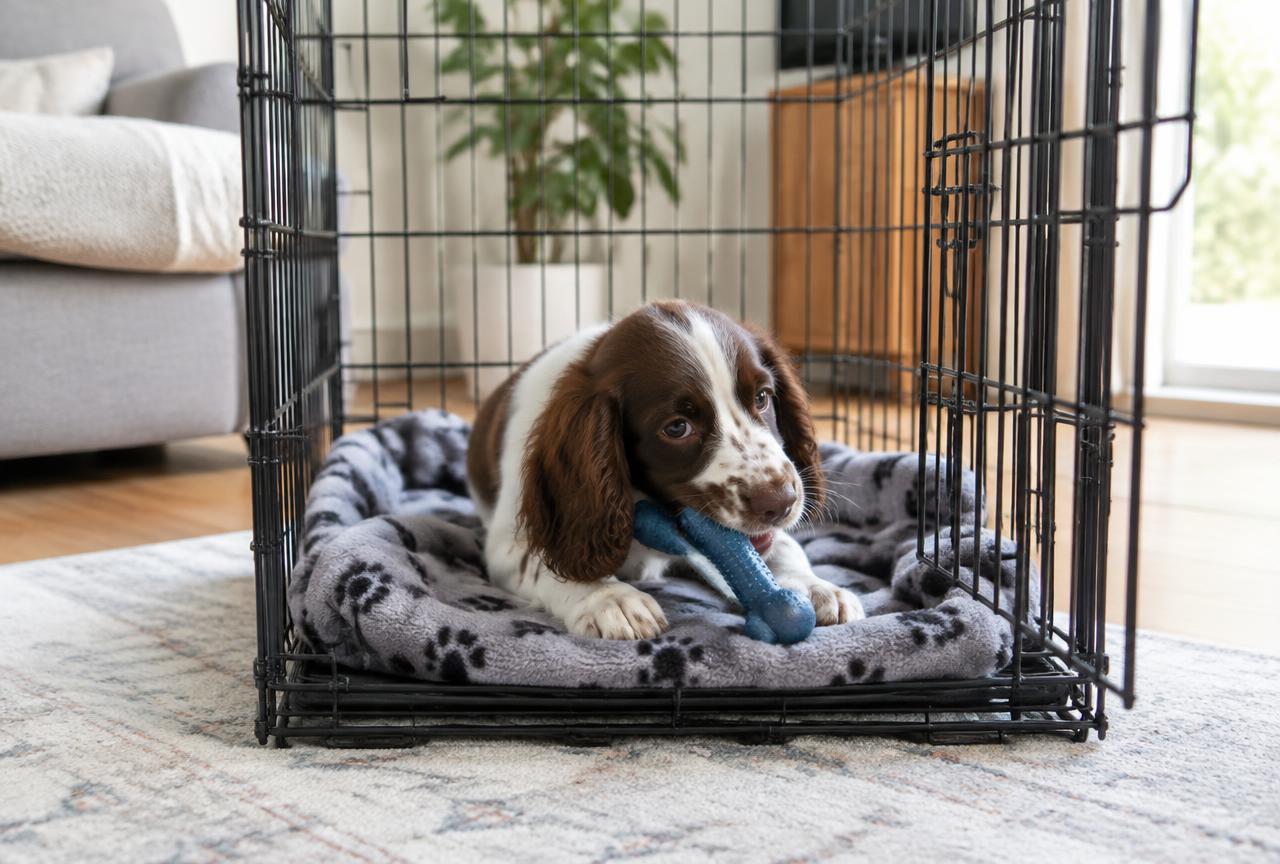 A puppy resting calmly inside an open dog crate lined with a soft blanket and a chew toy