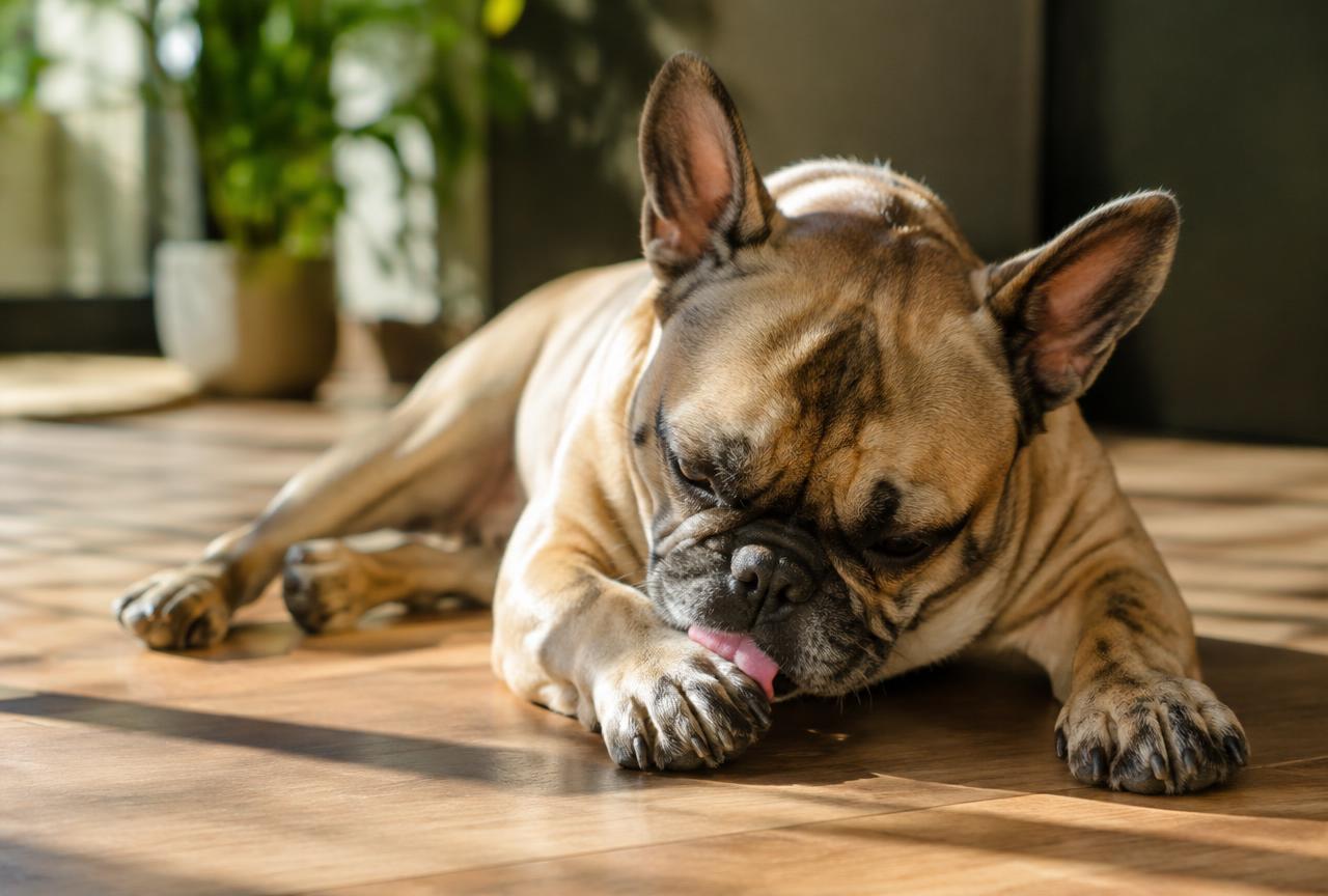 A dog resting on the floor gently licking its front paw