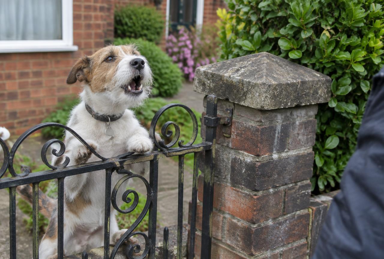 A dog standing at a window barking alertly at something outside