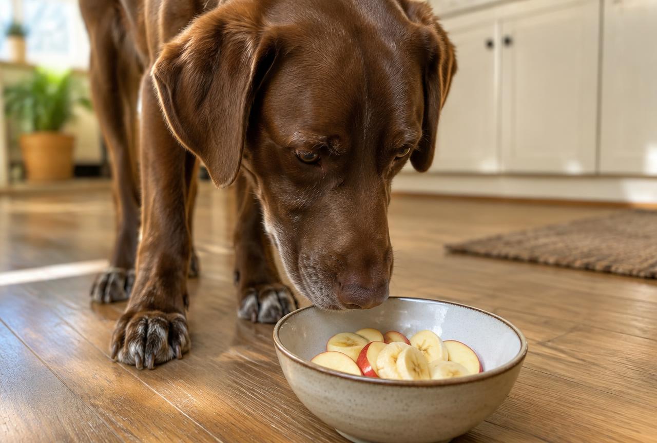 A brown dog sniffing a bowl containing sliced apple and banana pieces