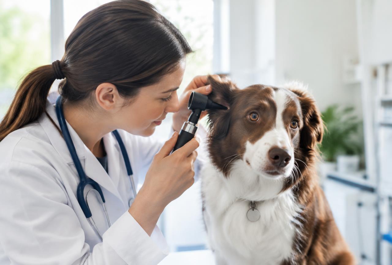 A veterinarian using an otoscope to examine a dog's ear canal