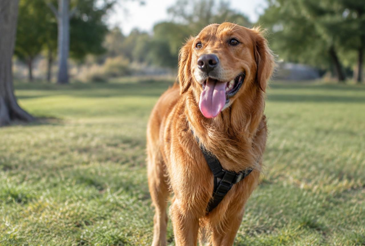A dog with its tongue out panting after exercise on a sunny day
