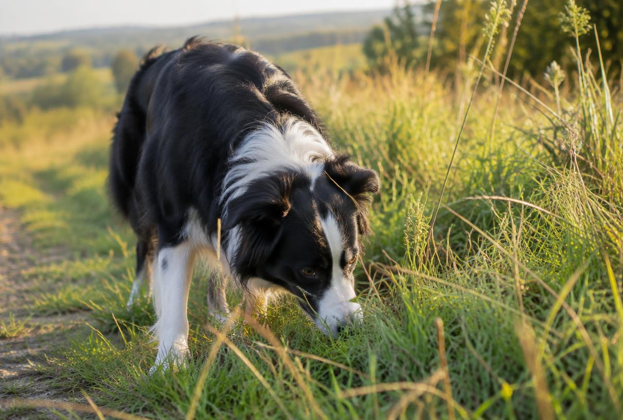 A dog with its head down nibbling grass in a garden during daytime