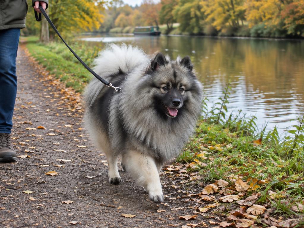 A Keeshond trotting on a lead along a riverside towpath in autumn