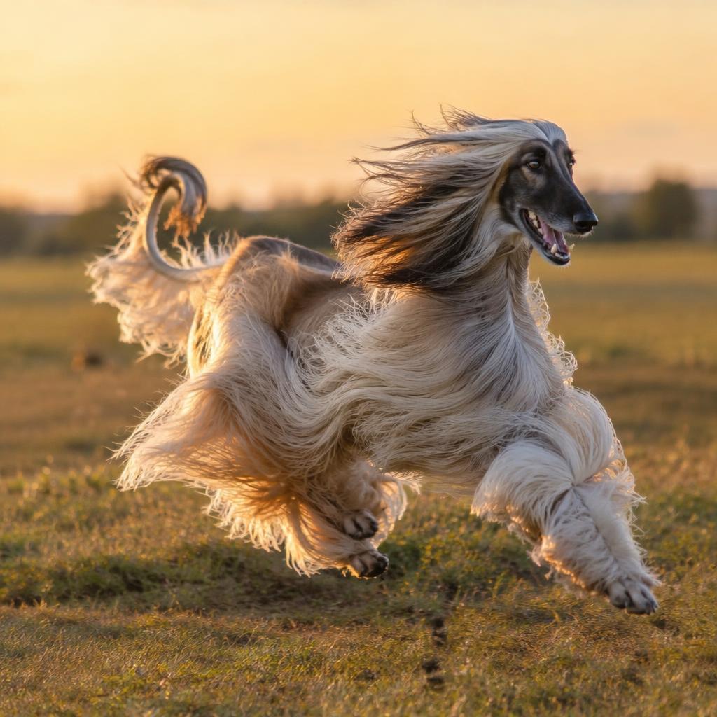 An Afghan Hound running at speed across an open field.