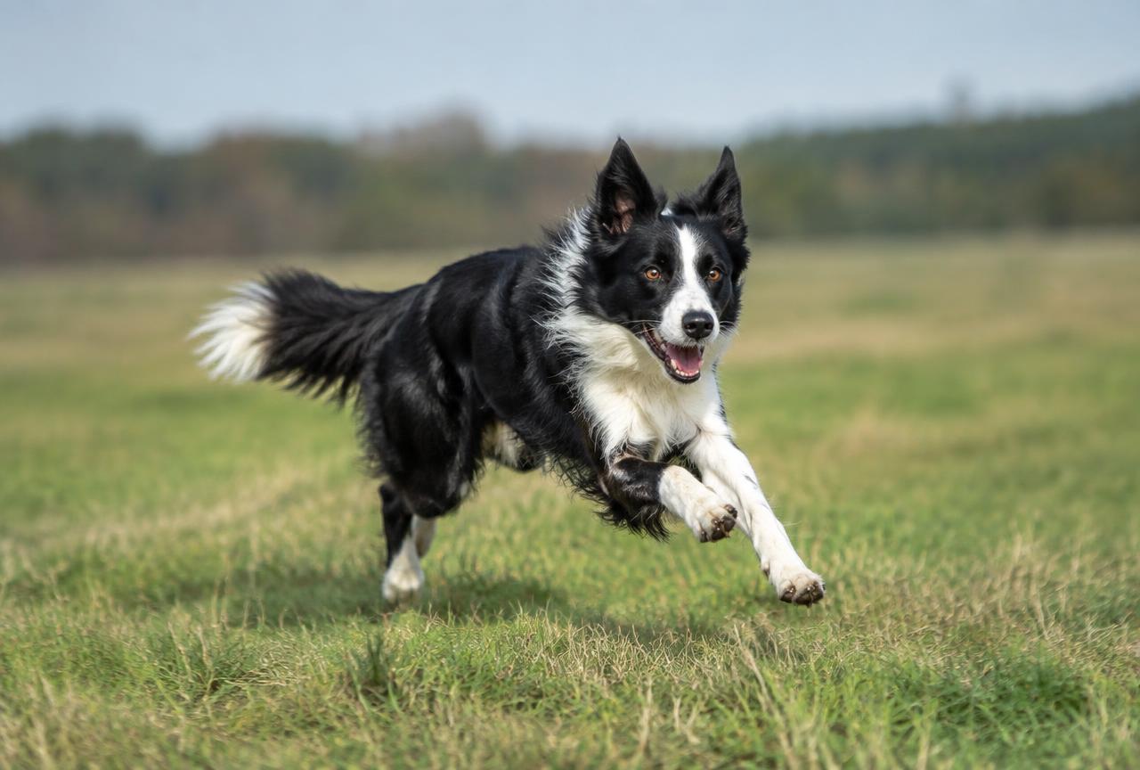 A Border Collie running at full speed across an open field
