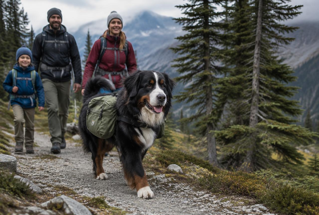 A Bernese Mountain Dog walking in a cool, shaded outdoor area