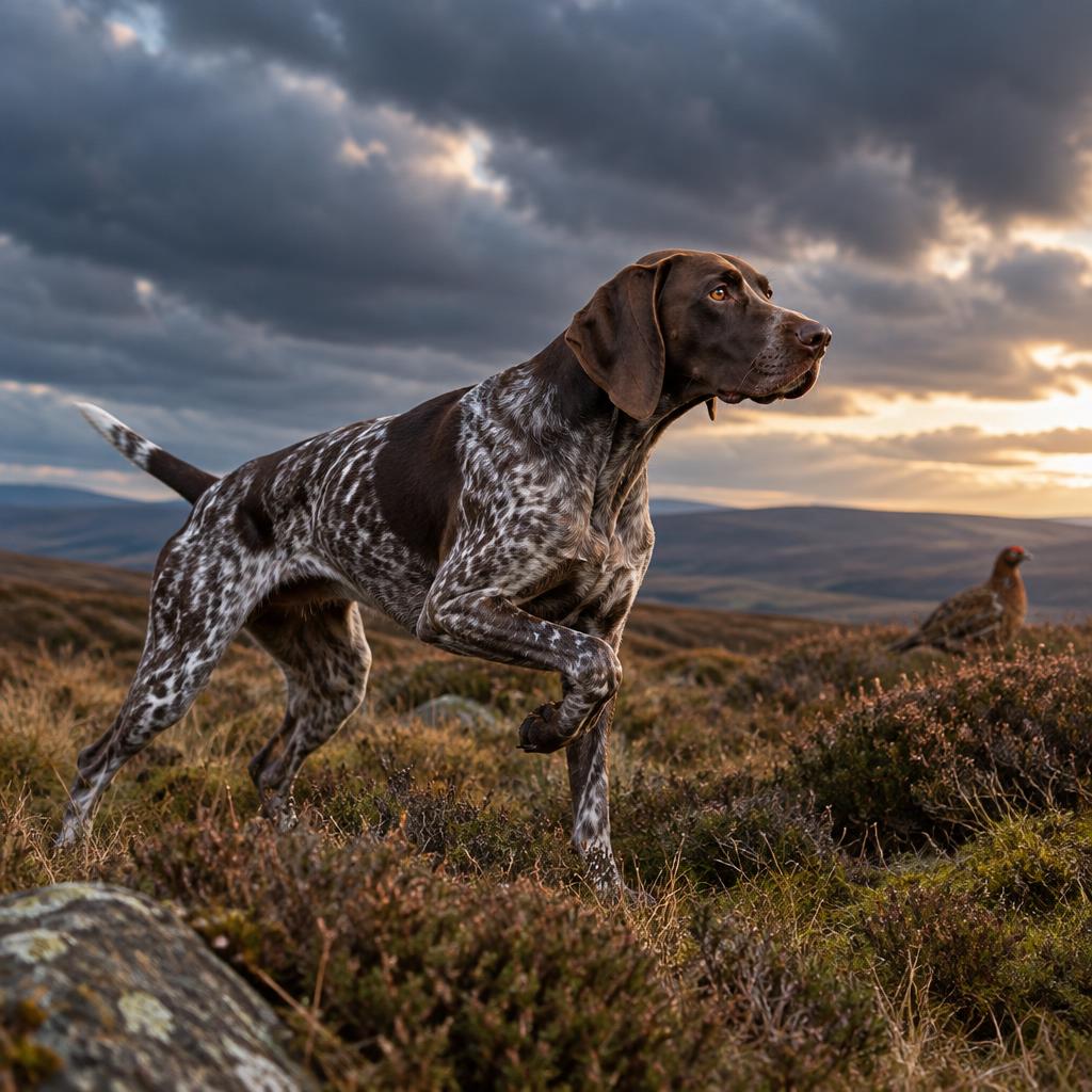A German Shorthaired Pointer pointing at game on moorland