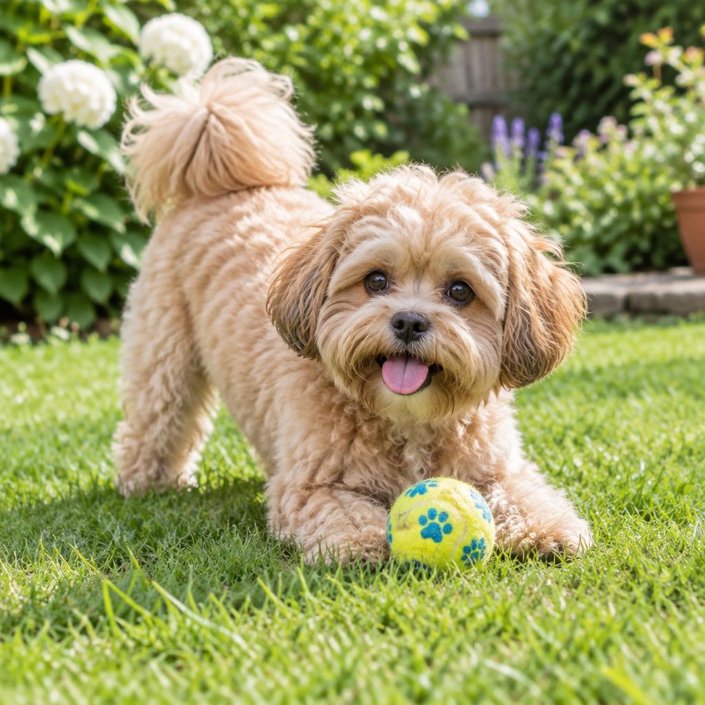 A Shih-Poo playing with a ball on a garden lawn