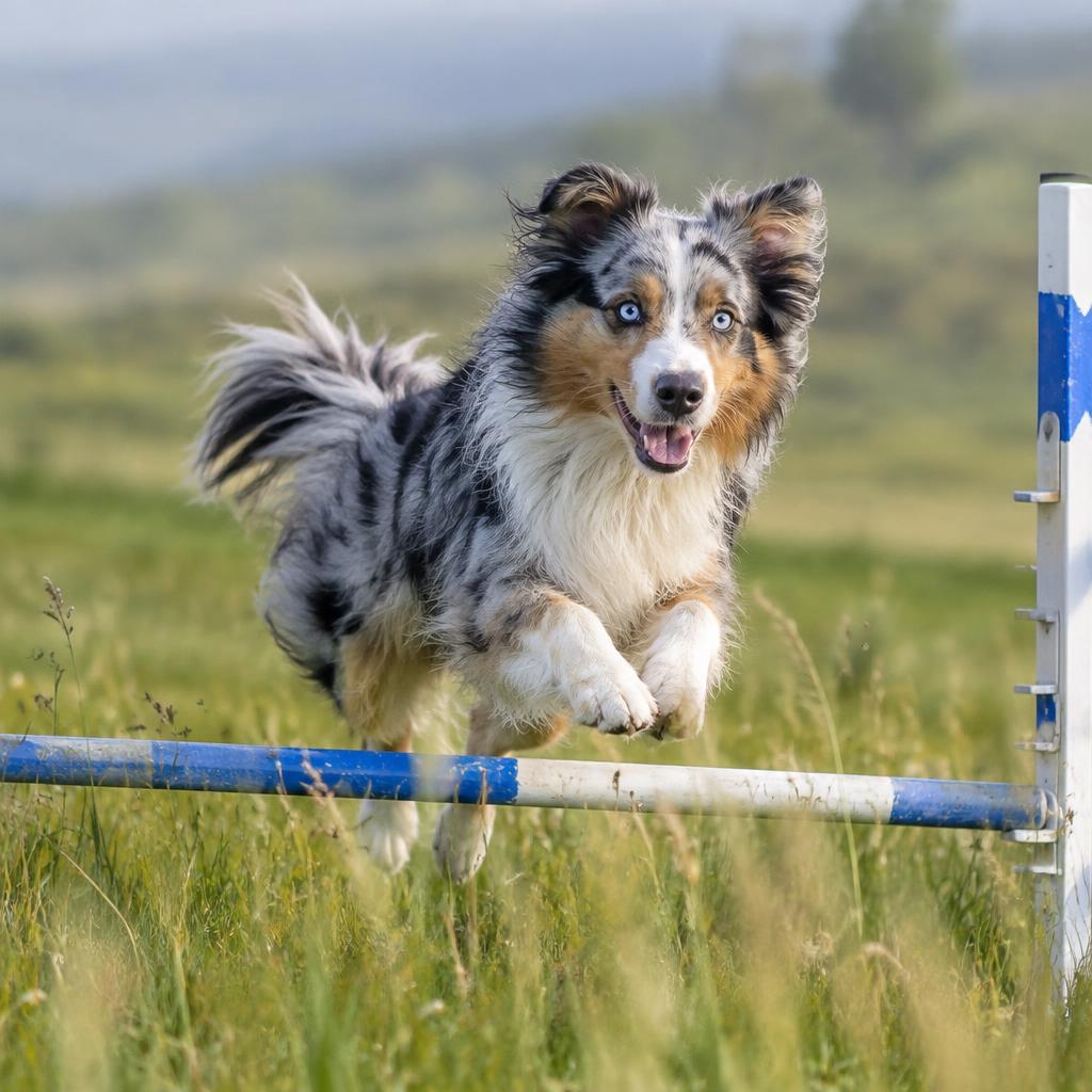 A Miniature American Shepherd weaving through agility poles