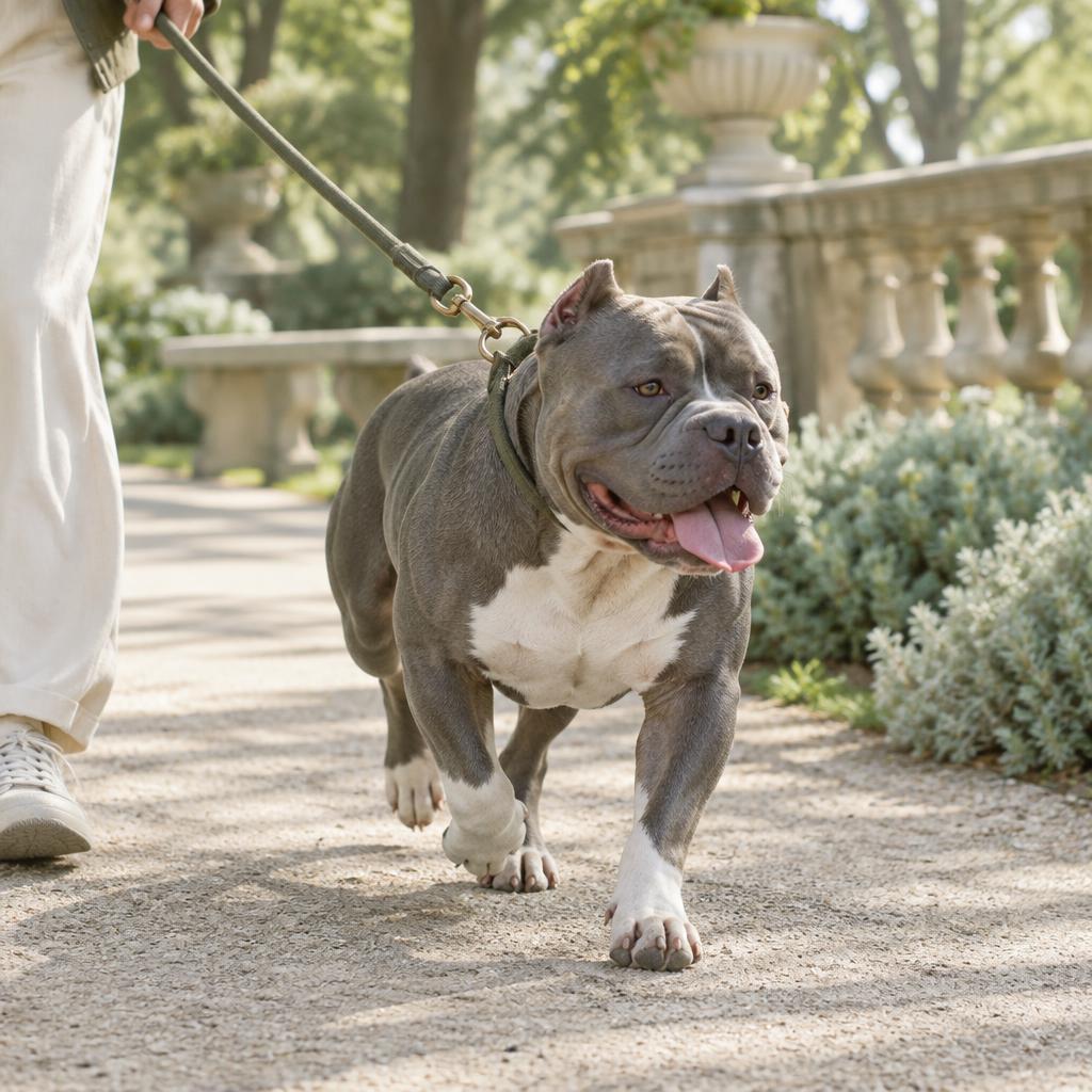 An American Bully walking calmly on a lead in a suburban area