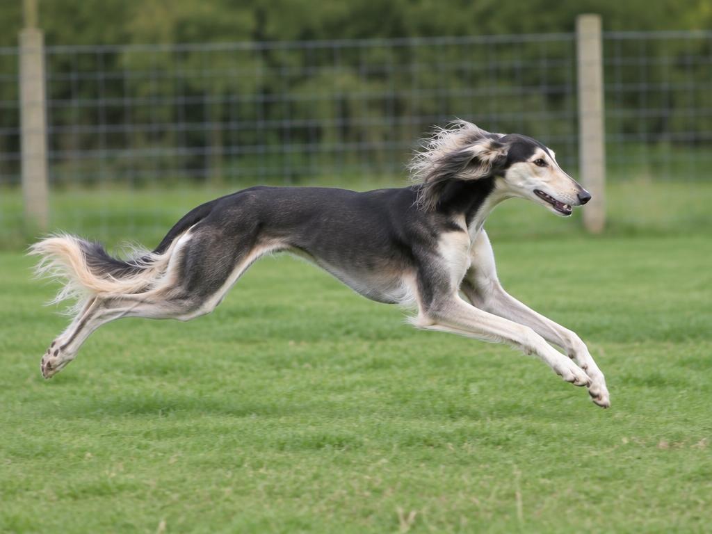 A Saluki sprinting across a securely fenced grass field