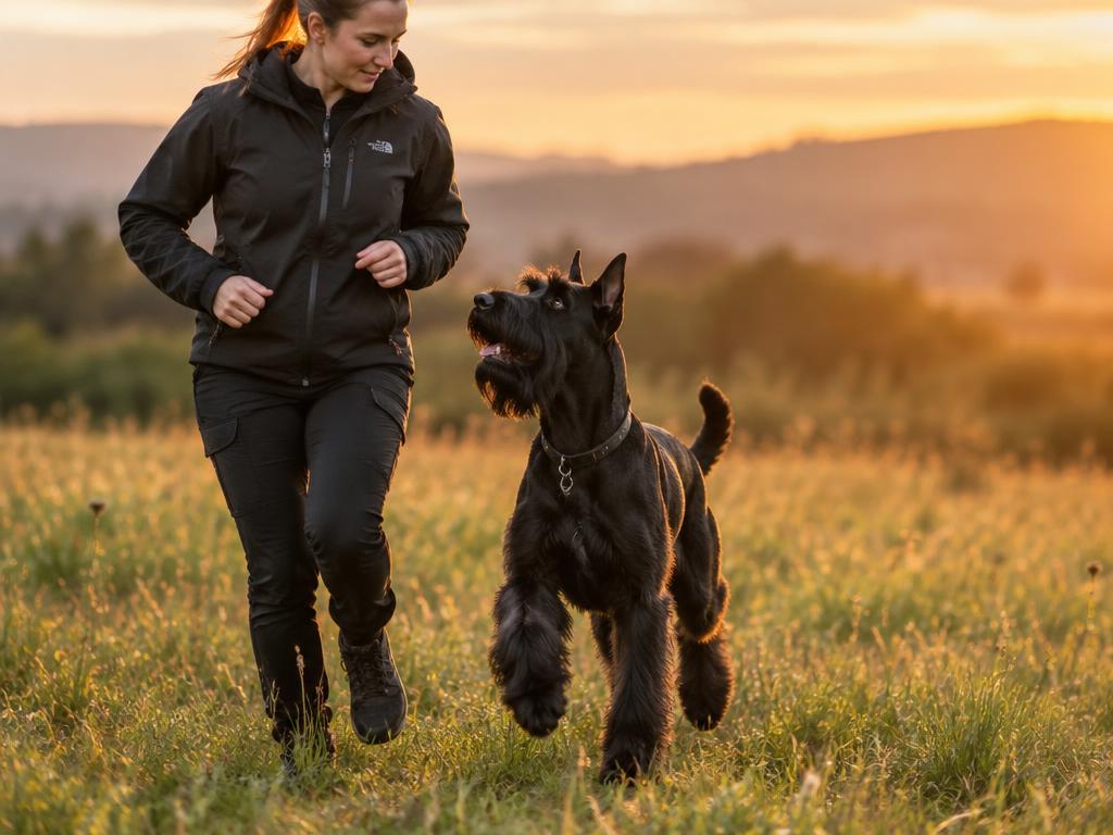 A Giant Schnauzer running through a meadow beside its owner.