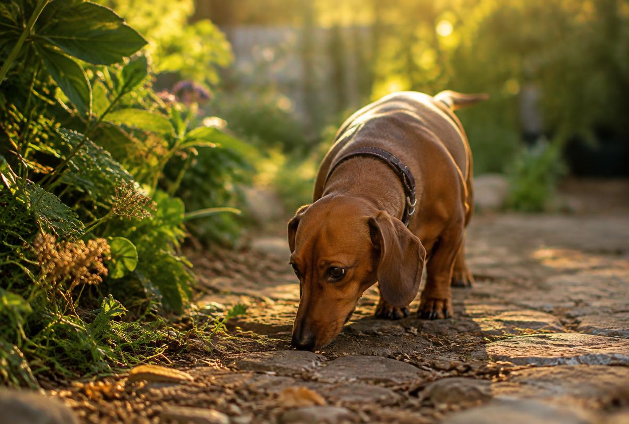 A Dachshund sniffing along a garden path