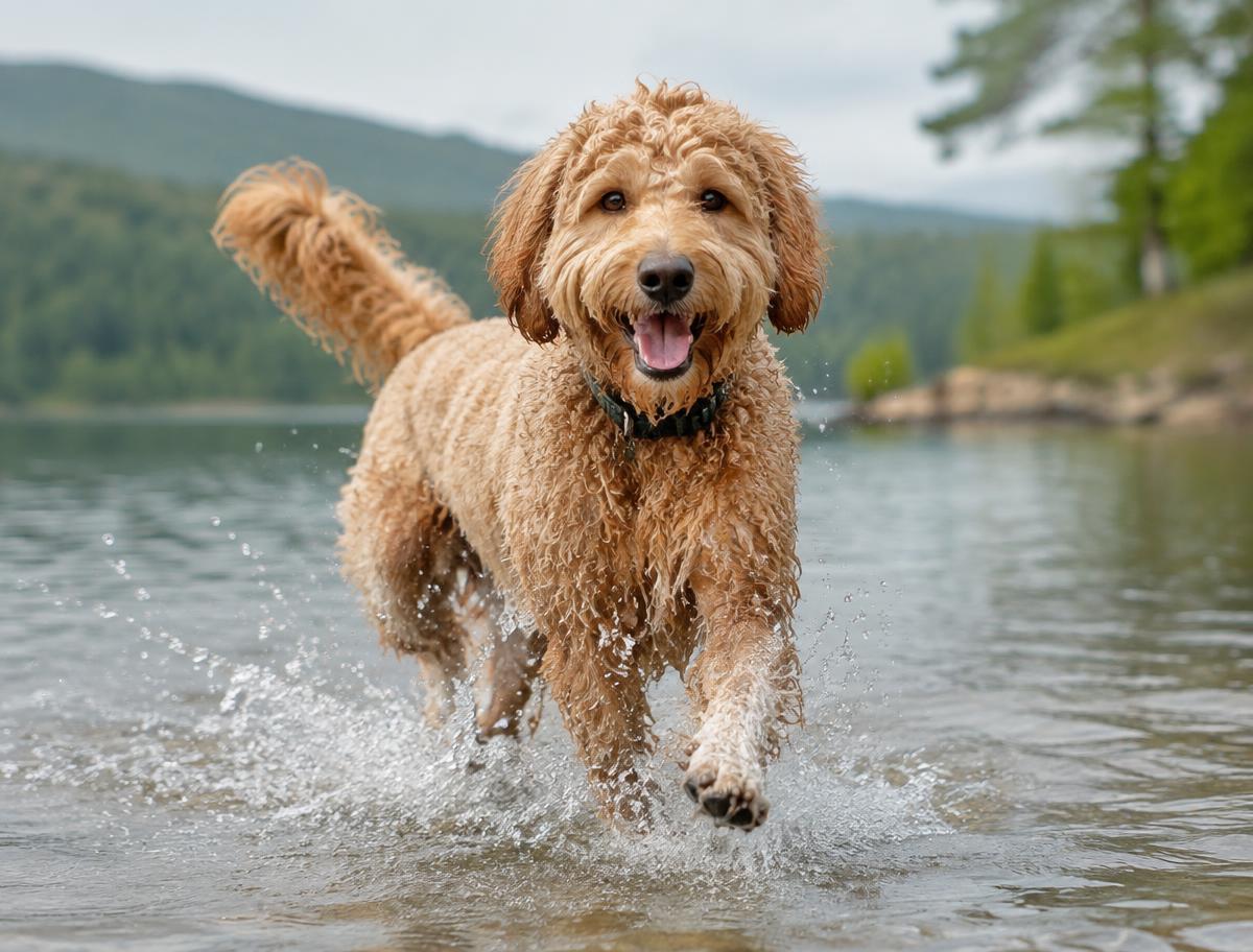 A Labradoodle running energetically in an open field