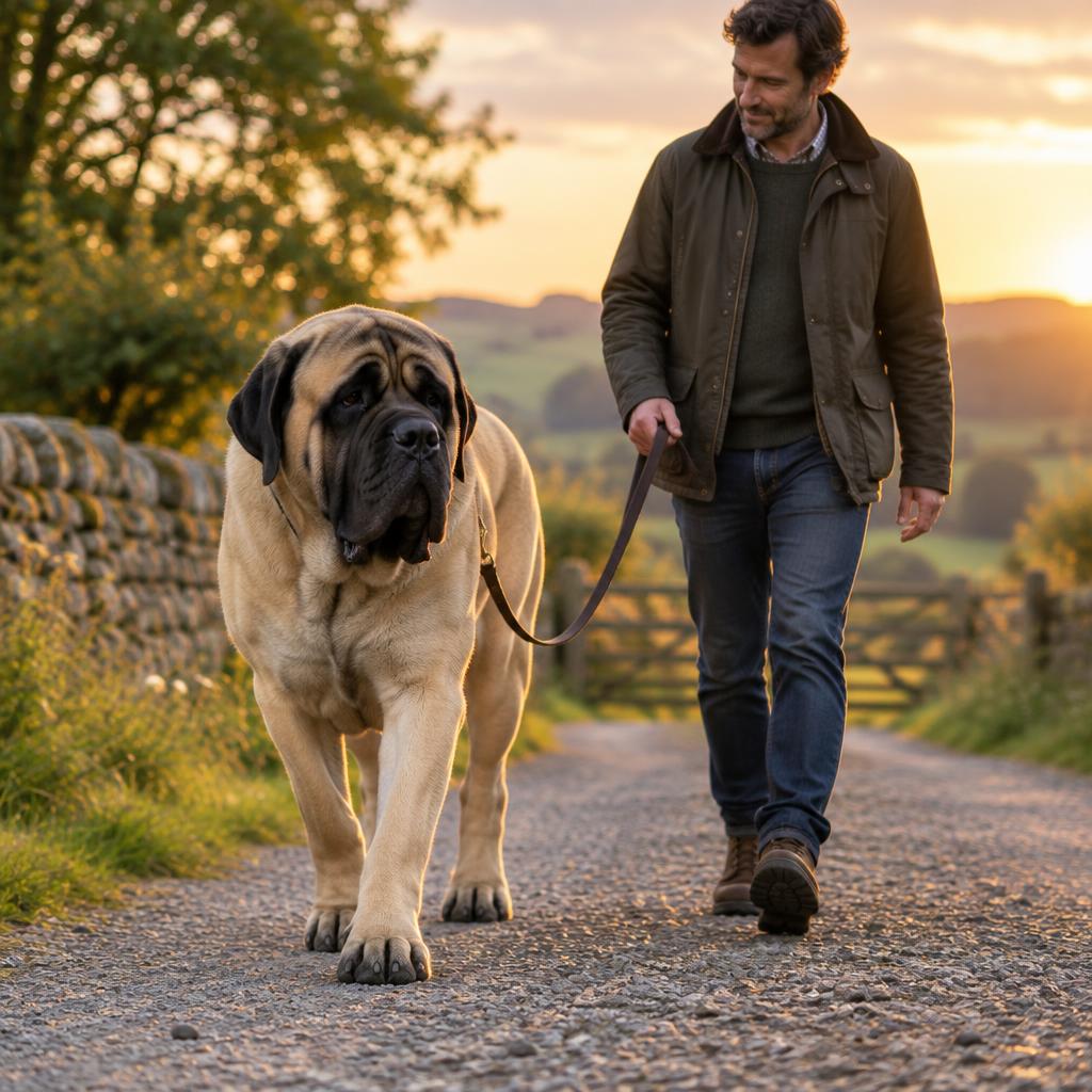 An English Mastiff walking steadily on a lead along a park path