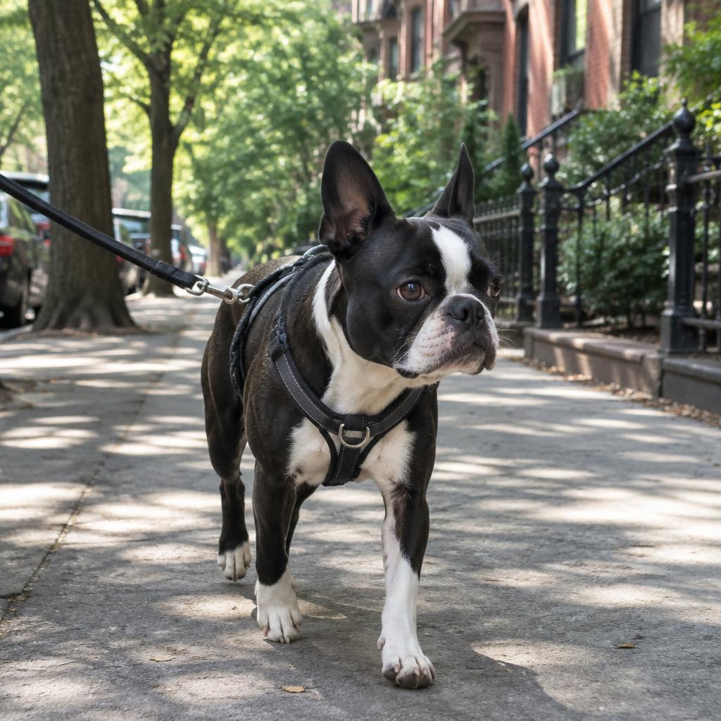 A Boston Terrier walking on a lead along a shaded city pavement