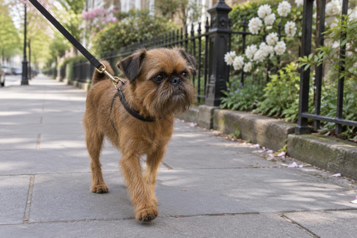 A Brussels Griffon walking on a lead along a city pavement in spring