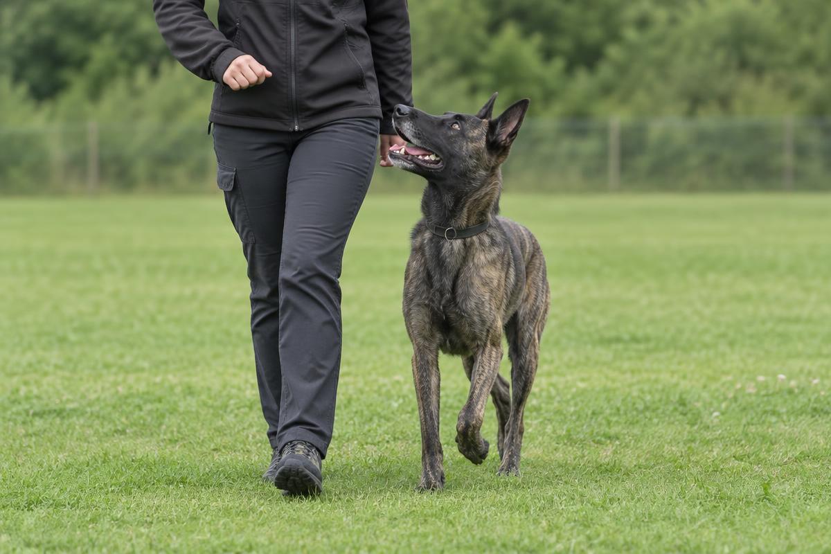 A brindle Dutch Shepherd heeling attentively beside its handler on a field