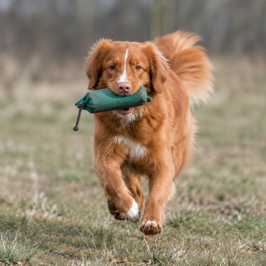 A Toller retrieving a dummy from a lake during gundog training.