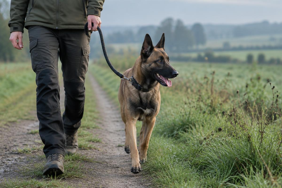 A Belgian Malinois running hard during an outdoor training session