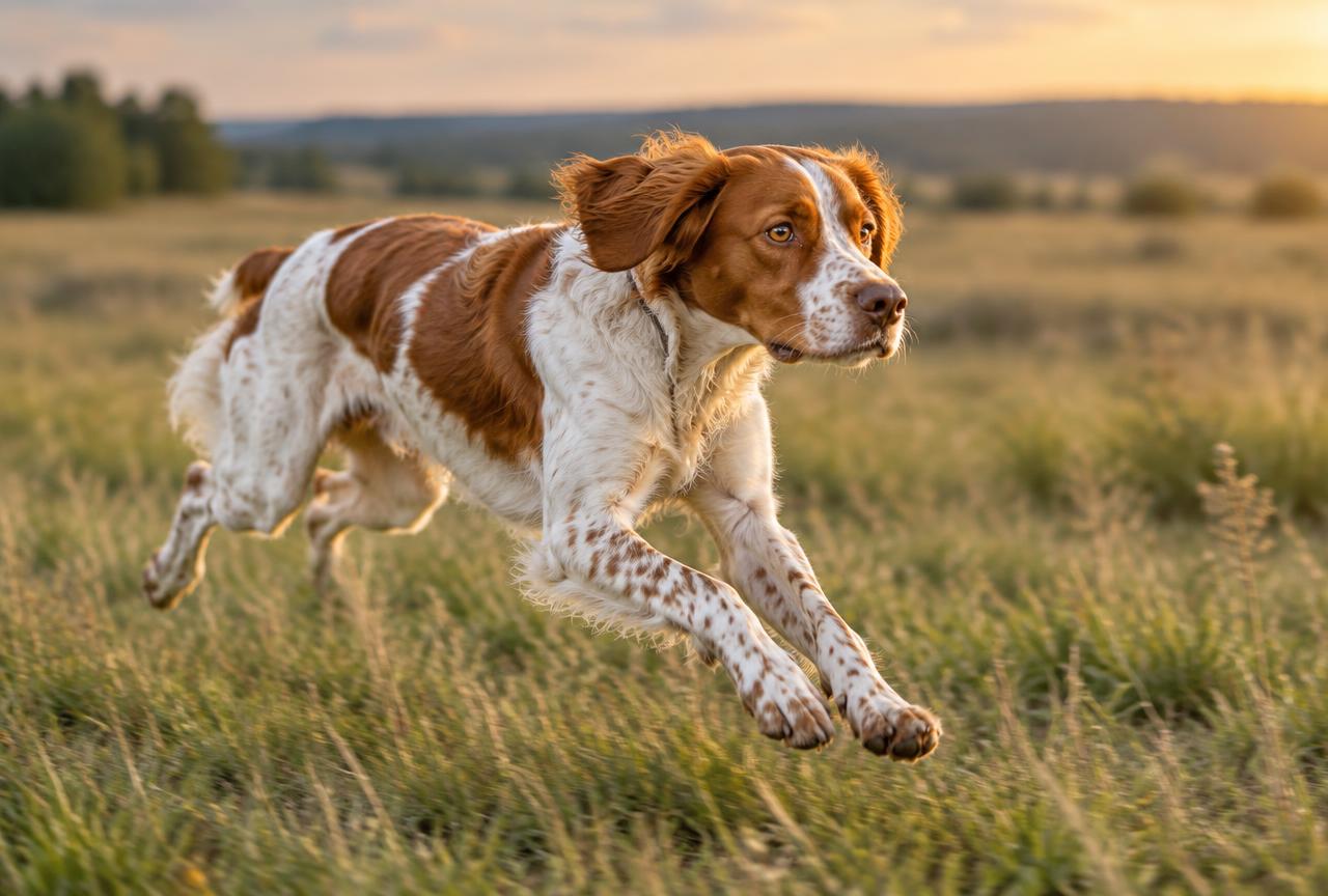 A Brittany running across open ground