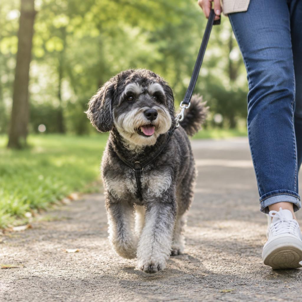 A Schnoodle trotting along a park path on a lead
