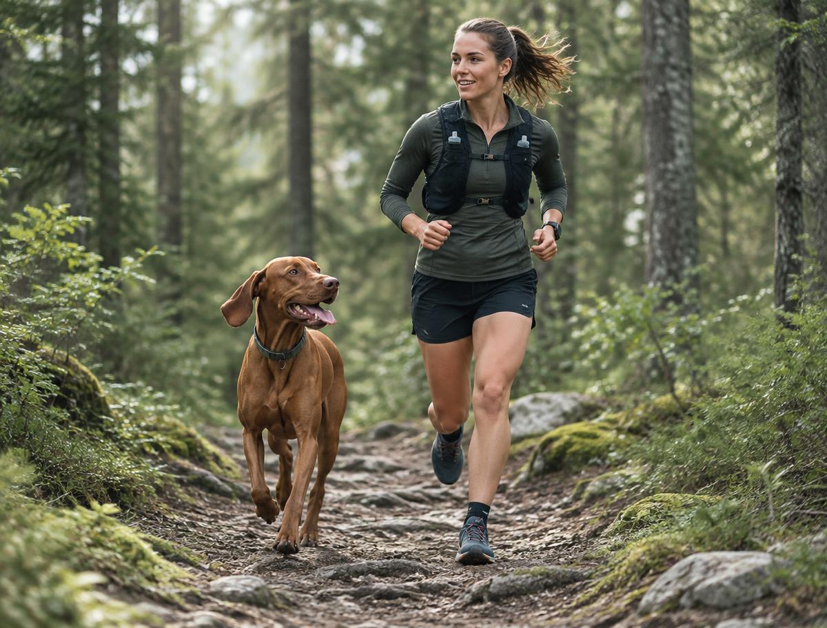 A Hungarian Vizsla running through a field beside its owner