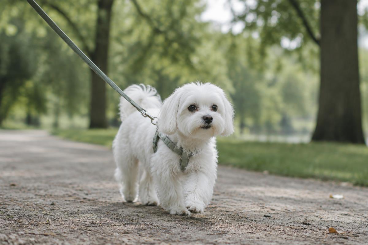 A Maltese walking on a lead on a pavement