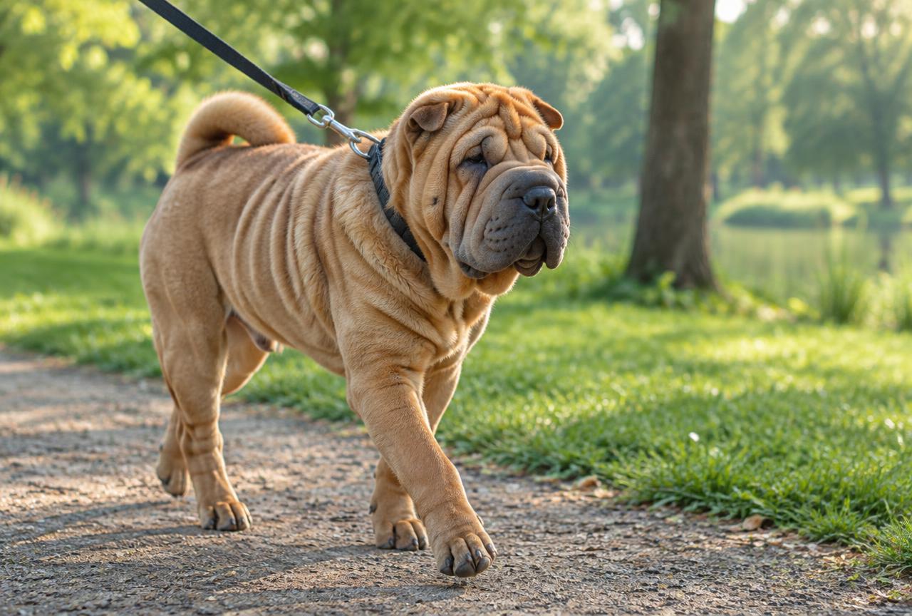 A Shar Pei walking on a lead in a park