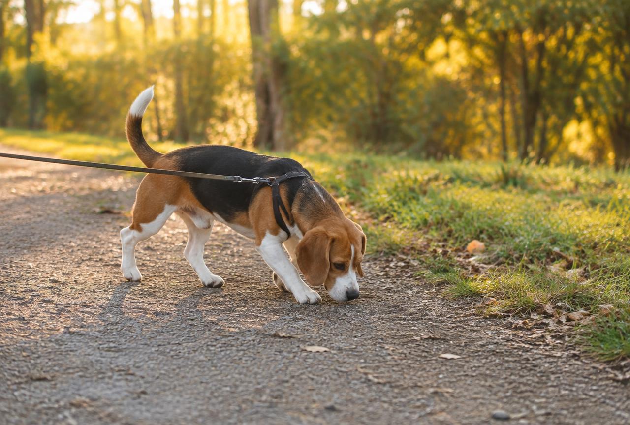 A Beagle on a long line sniffing outdoors
