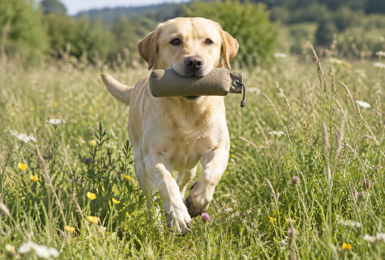 A Labrador Retriever carrying a retrieving dummy across grass.