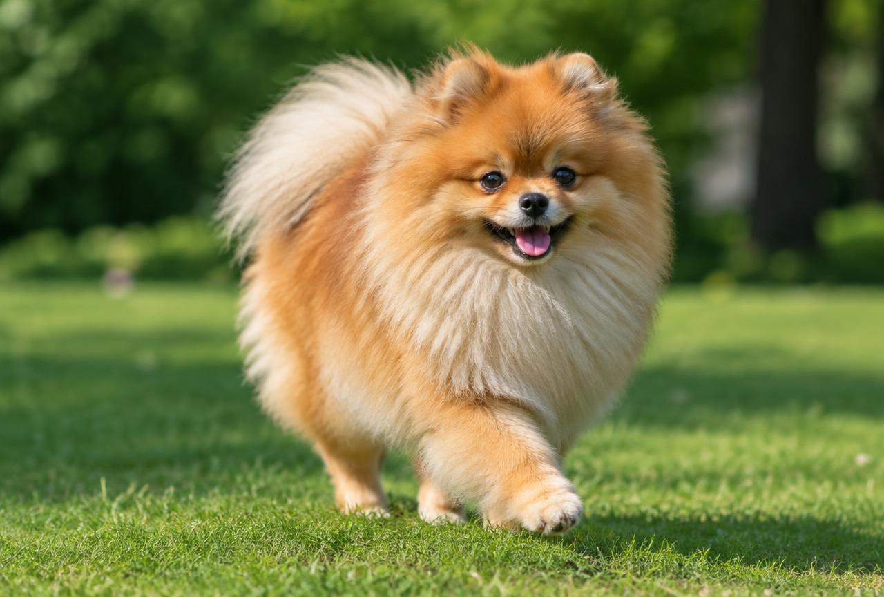 A Pomeranian playing with a small toy in a sunlit garden