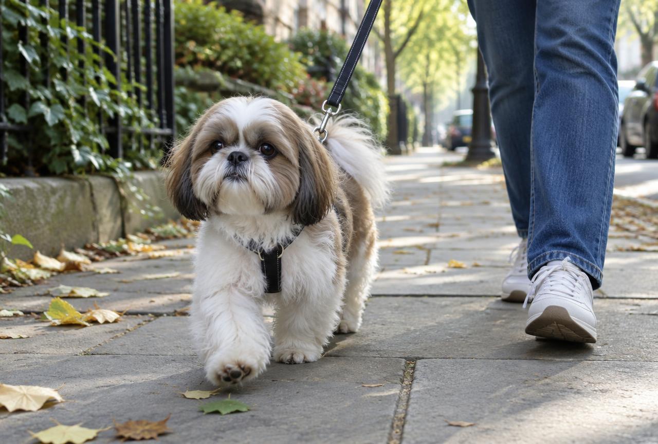 A Shih Tzu walking on a lead in mild weather