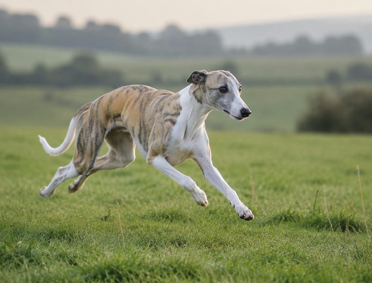 A Whippet running at full speed across an open field