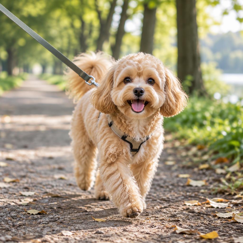A Maltipoo trotting happily along a park path on a lead