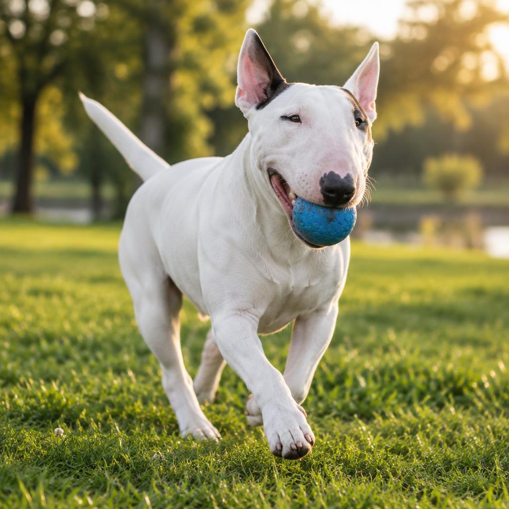 A Bull Terrier trotting energetically across a park with a toy in its mouth