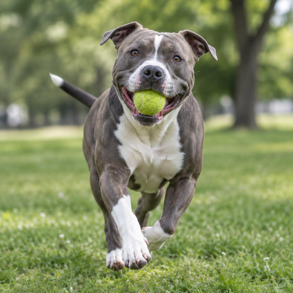 An American Staffordshire Terrier running with a ball