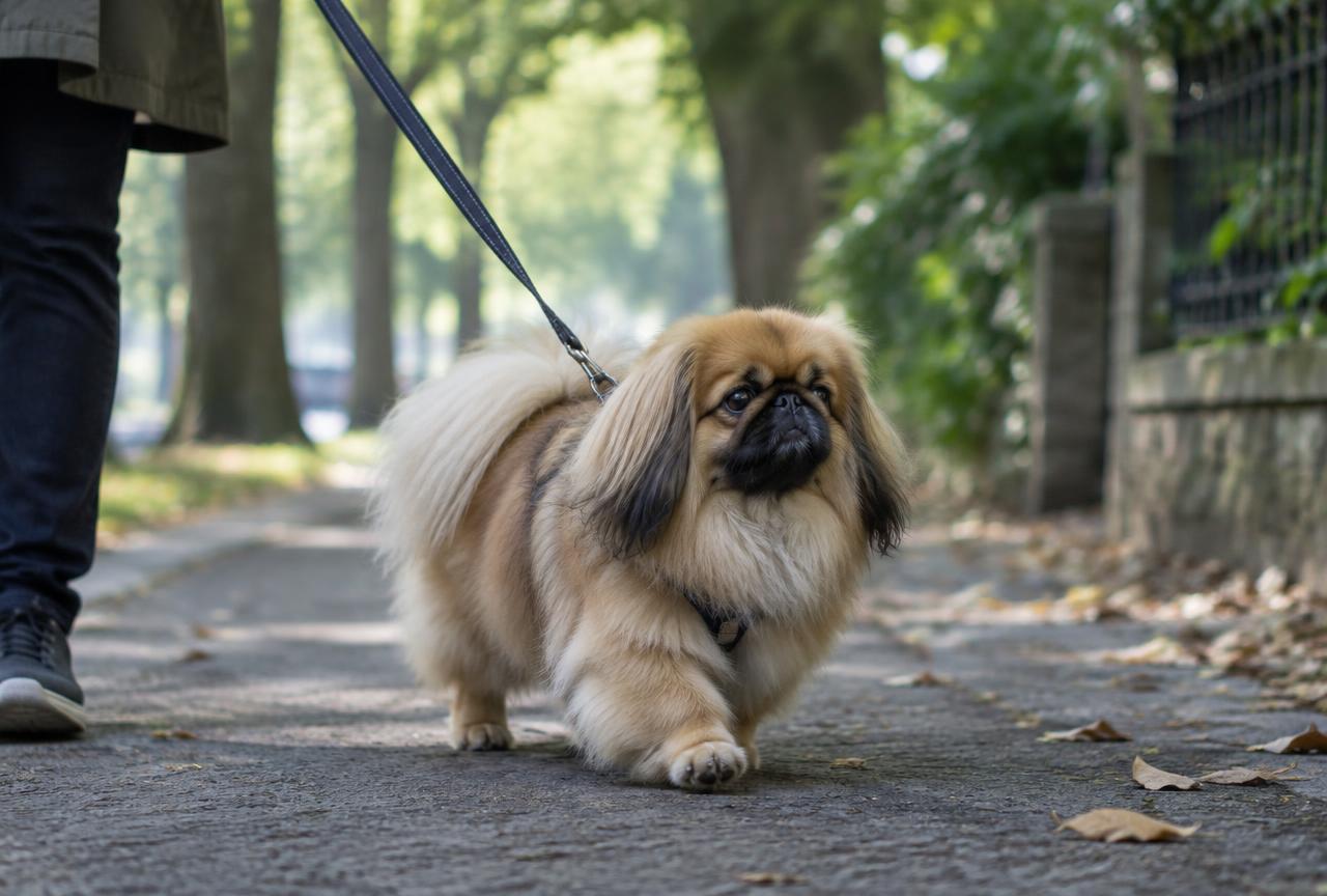 A Pekingese on a short lead walk in a shaded garden.