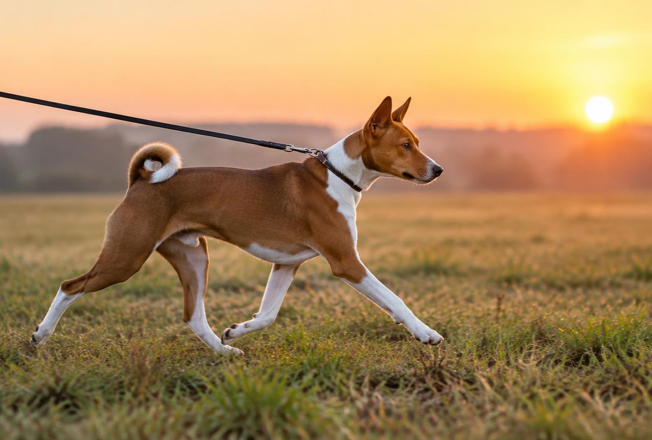 A Basenji on a lead exploring a securely fenced outdoor area.