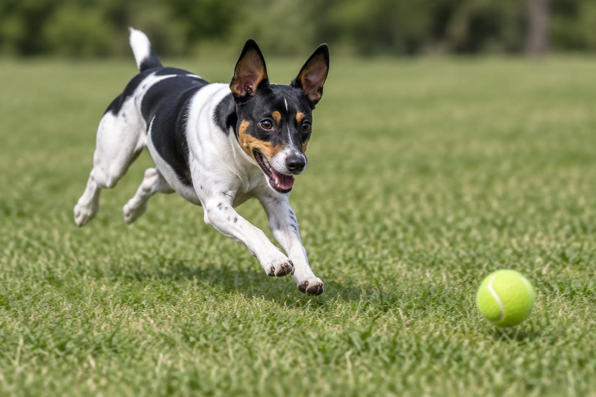 A Rat Terrier sprinting across a field after a ball