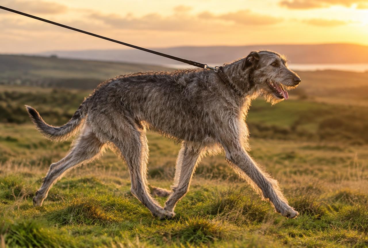 An Irish Wolfhound trotting across open countryside