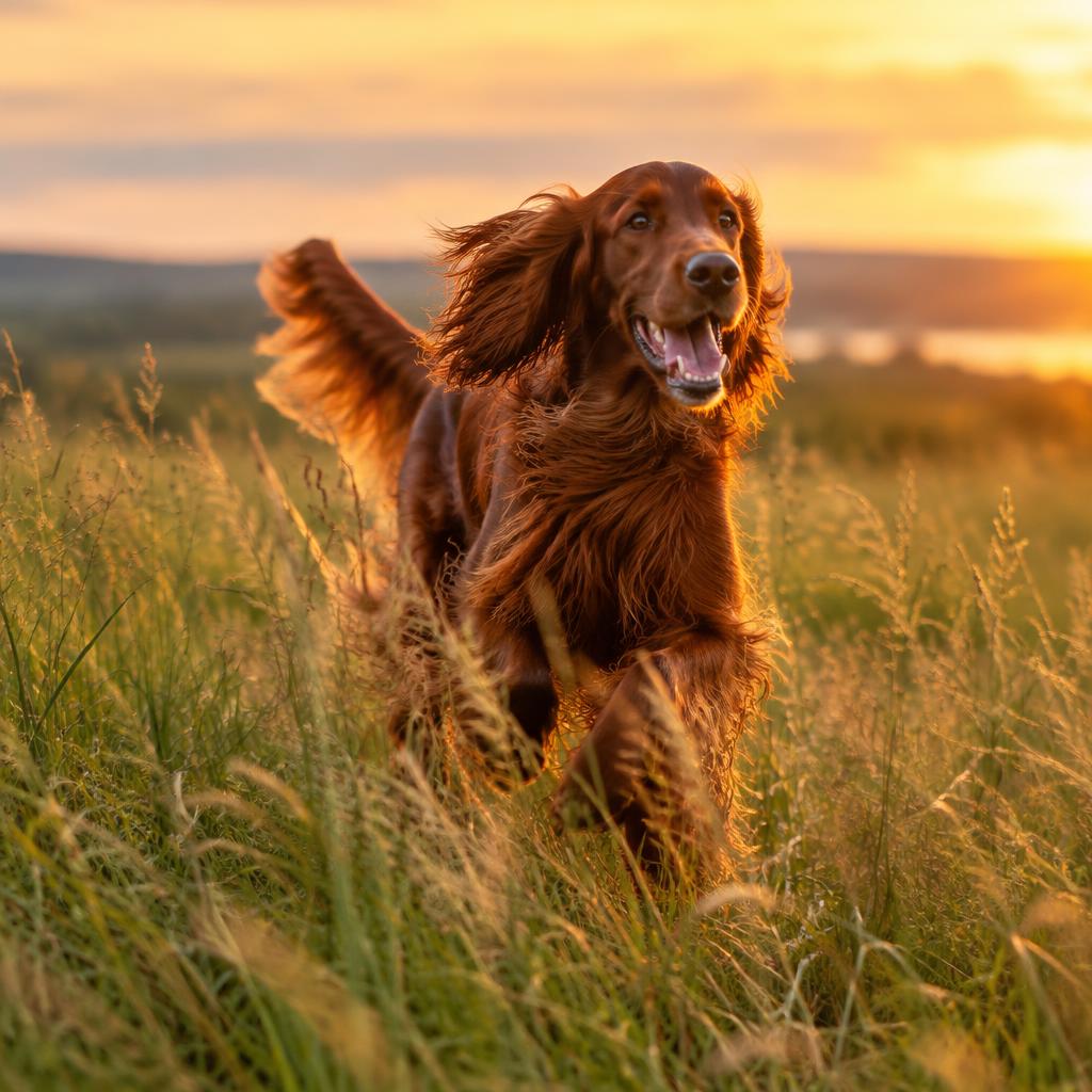 An Irish Setter running through tall meadow grass