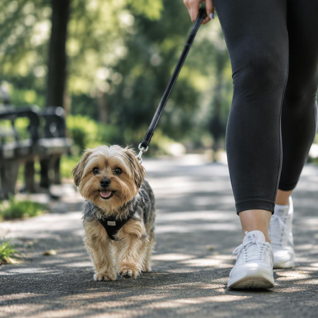 A Morkie walking on a lead along a city park path