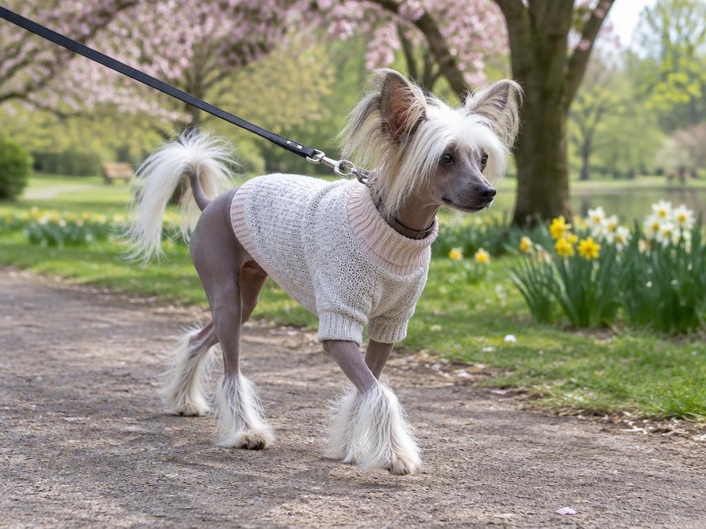 A hairless Chinese Crested in a jumper walking on a lead in a spring park