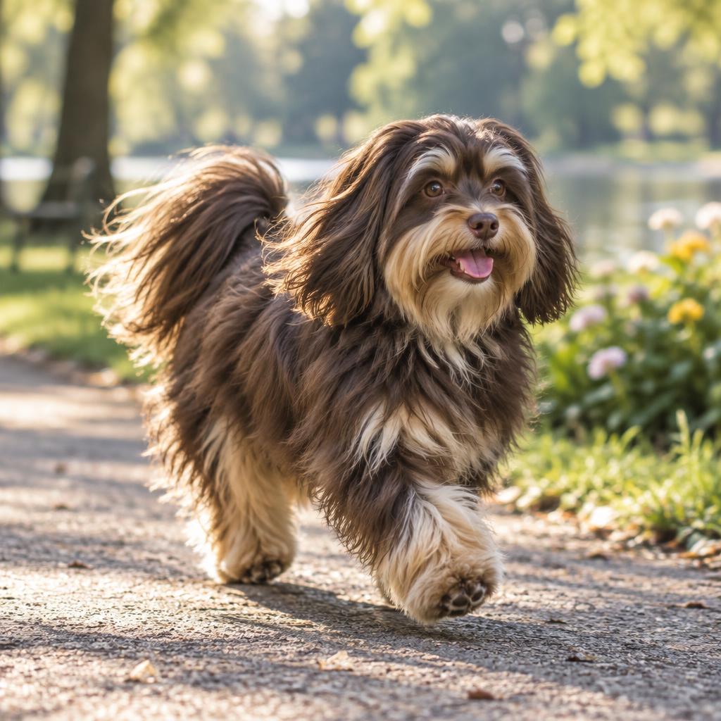 A Havanese trotting along a park path with its coat flowing