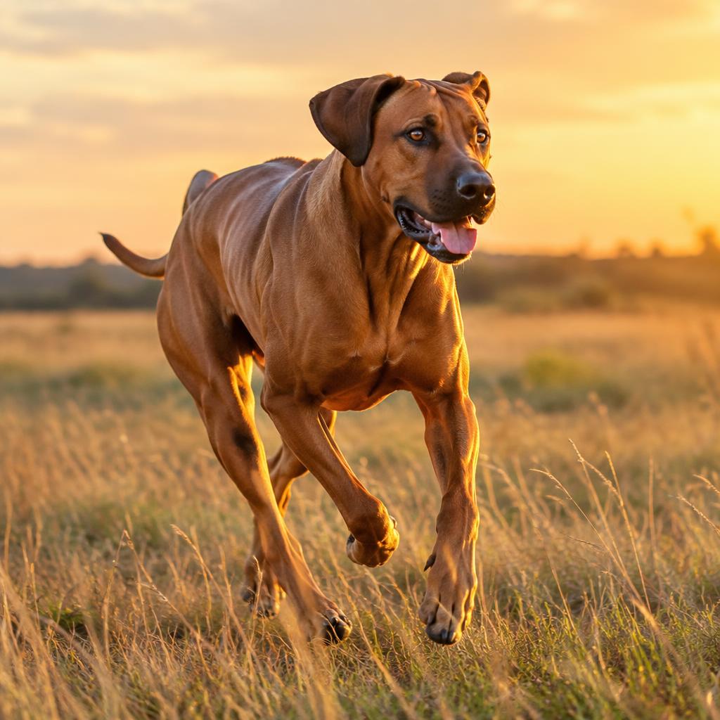 A Rhodesian Ridgeback running at pace across open ground