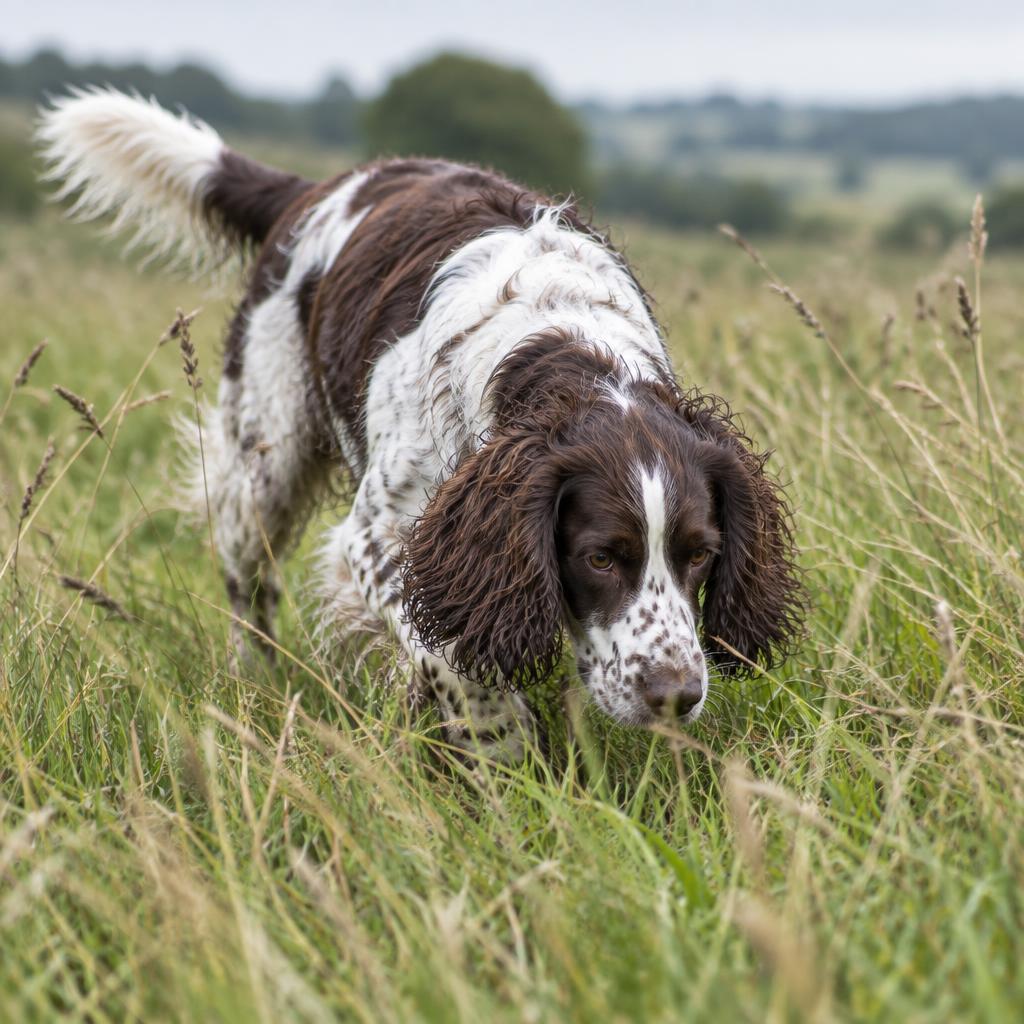 An English Springer Spaniel working a scent trail through a field